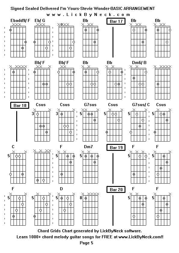 Chord Grids Chart of chord melody fingerstyle guitar song-Signed Sealed Delivered I'm Yours-Stevie Wonder-BASIC ARRANGEMENT,generated by LickByNeck software.